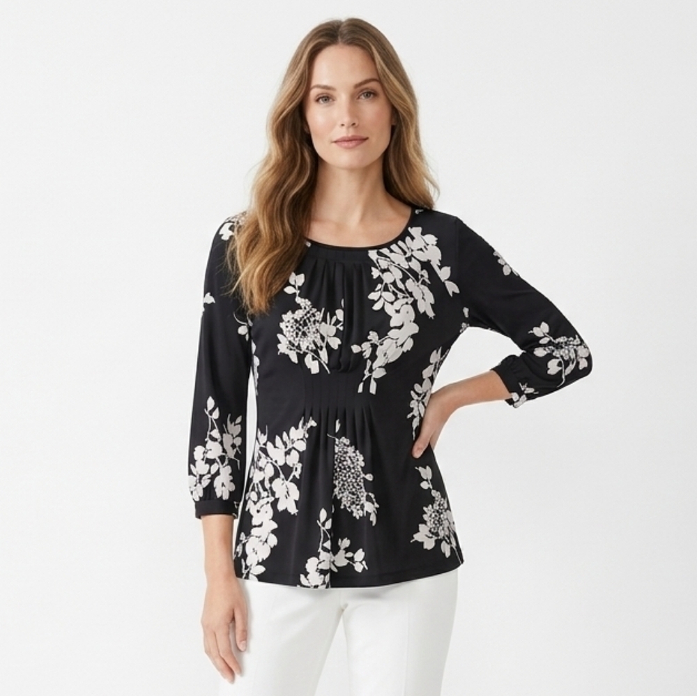 Talbots Black White Floral Ruched 3/4 Sleeve Blouse Top Size S
